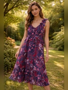 Sophia Vergara Purple Floral V-Neck Midi Dress